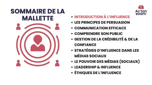 Cette mallette Actonexam va vous aider à réussir le développement de votre influence en Mastère Marketing. Avec ces supports de cours pour mettre en œuvre la gestion de la crédibilité et de la confiance, vous disposerez de toute la formation nécessaire pour bien comprendre comment façonner les pensées, les sentiments et les comportements de différentes manières.